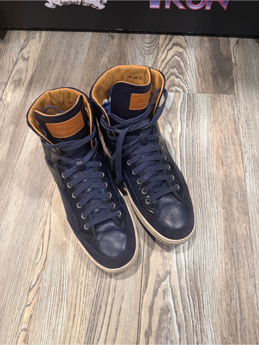 Bally Navy High-Top Leather Sneakers with Tan Leather Trim